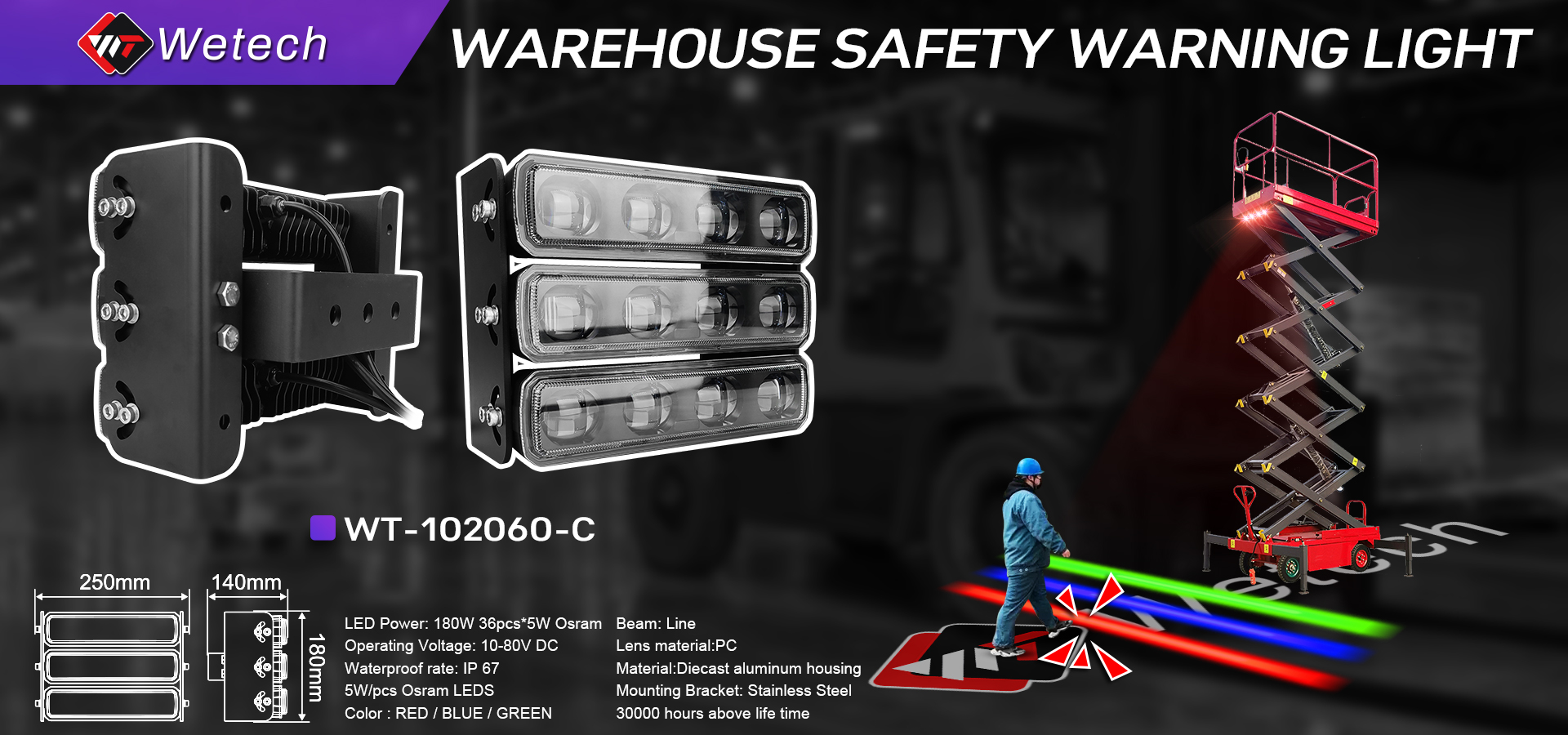 Feux d'avertissement et de sécurité pour pont roulant à LED haute puissance WETECH 180 W