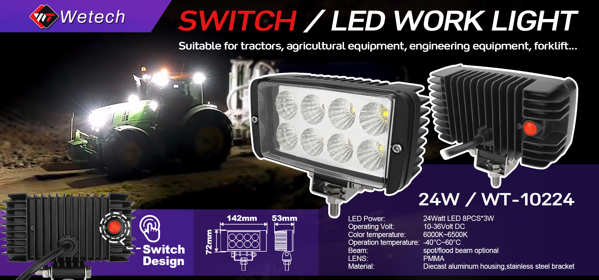 WETECH 24W 5 "LED projecteur auxiliaire feux de conduite tout-terrain avec interrupteur