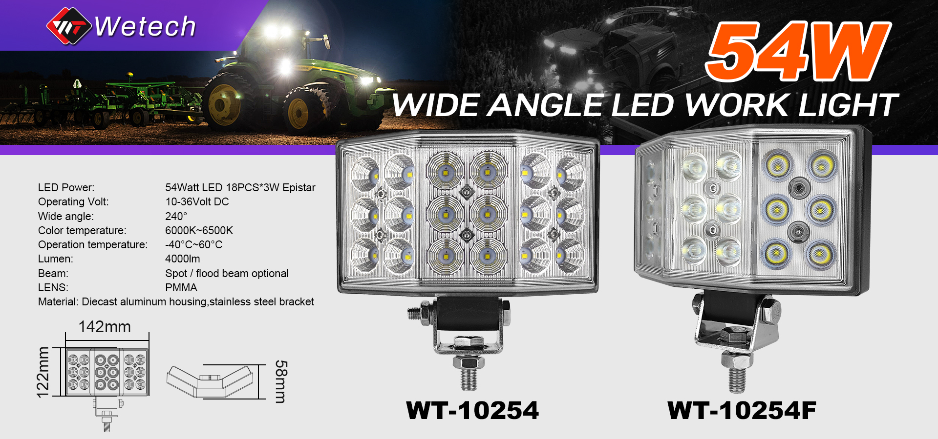 WETECH 54W 6" LED Work Lights 240° Wide Angle Flood Light