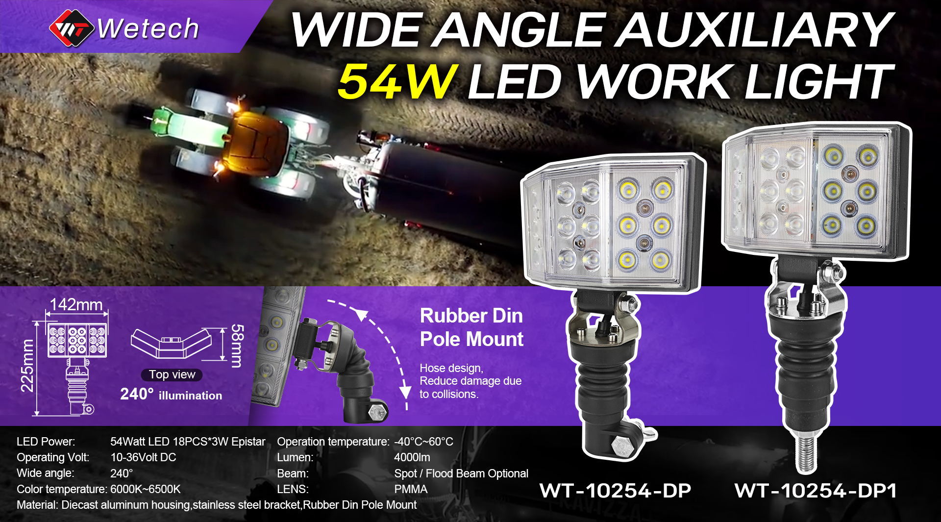 WETECH 54W Lampes de travail à LED pour tracteur agricole à montage sur tuyau