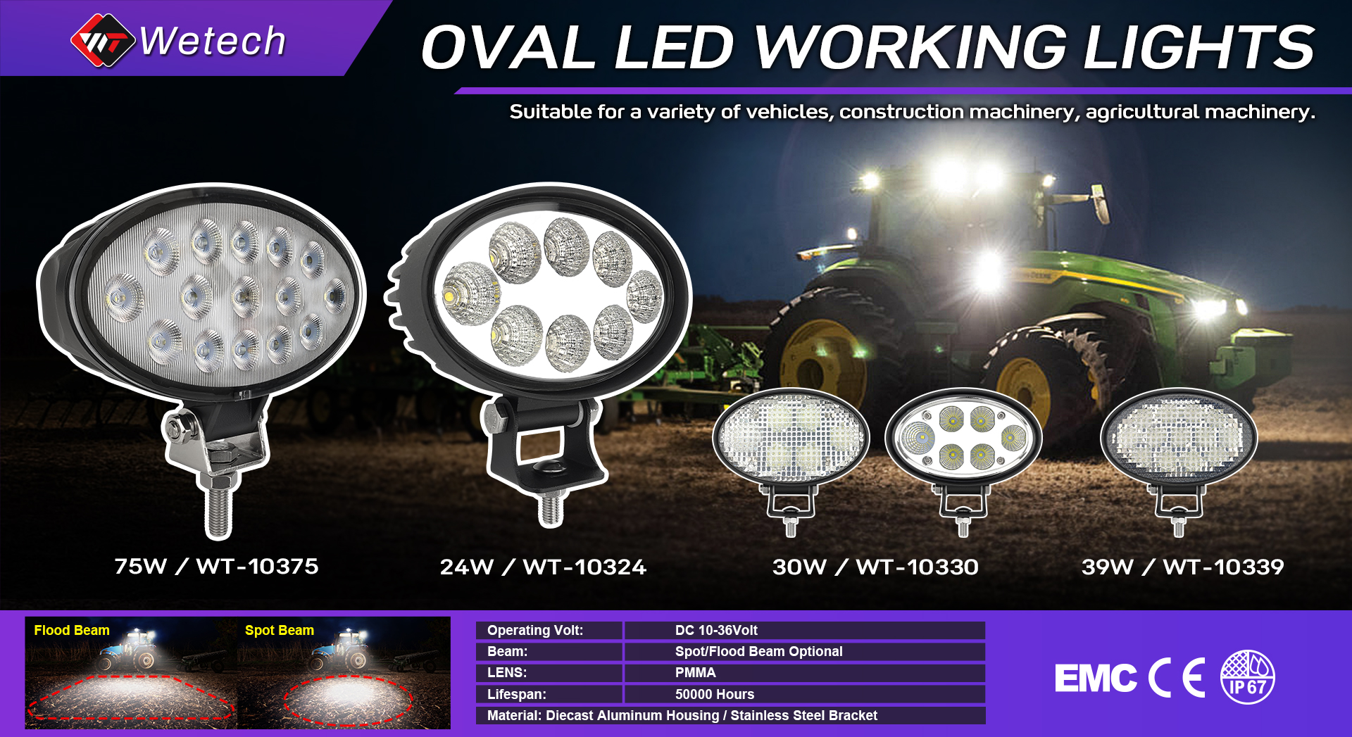 WETECH 24W 農業 LED 作業灯 5.6 インチ楕円形トラクター ライト