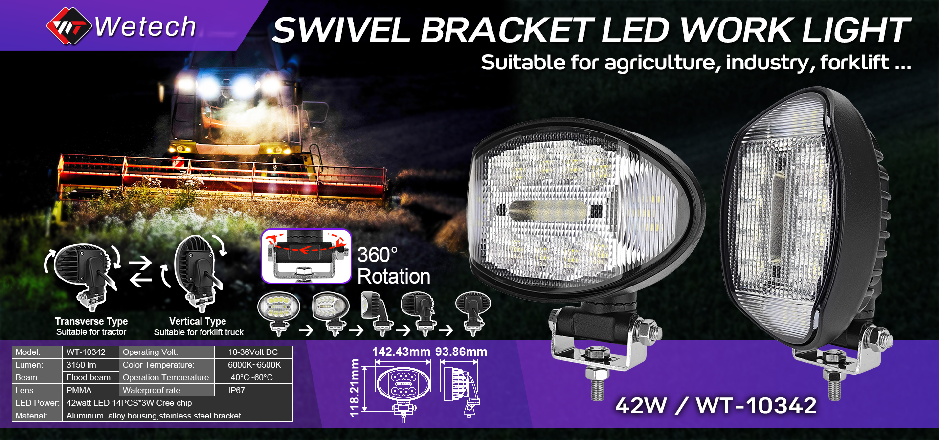 농기구를 위한 WETECH 42W 원형 LED 작업등 360 ° 회전식 지지대