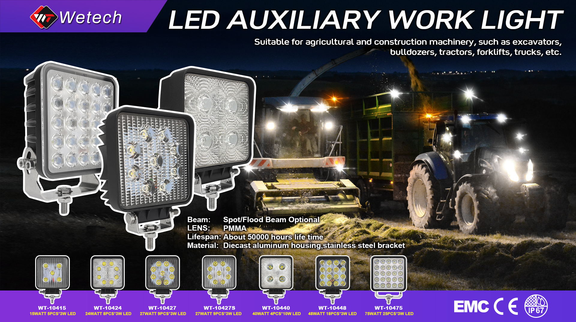 WETECH 15W 5" LED Work Lights Square Flood WorkLight