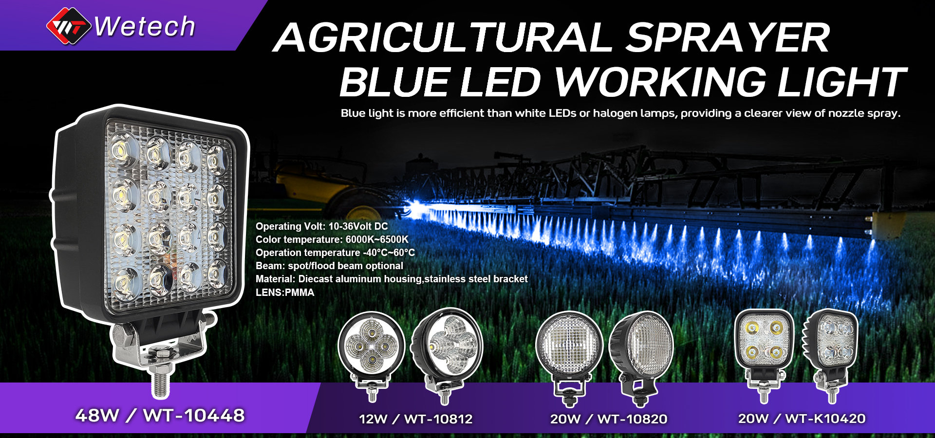 WETECH 48W Agriculture LED Lampes de travail Lumières de pulvérisateur bleues