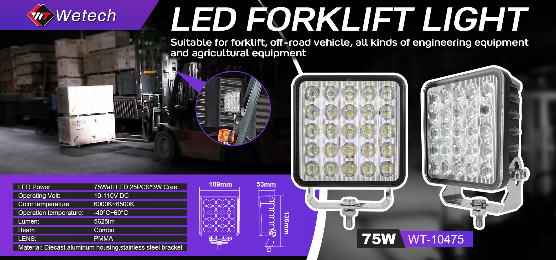 WETECH 75W 6" LED Work Lights Square Flood Worklight