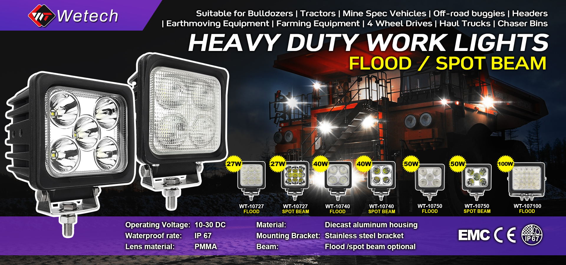 WETECH 27W 6" Square Heavy Duty LED Work Lights Flood or Spot Beam