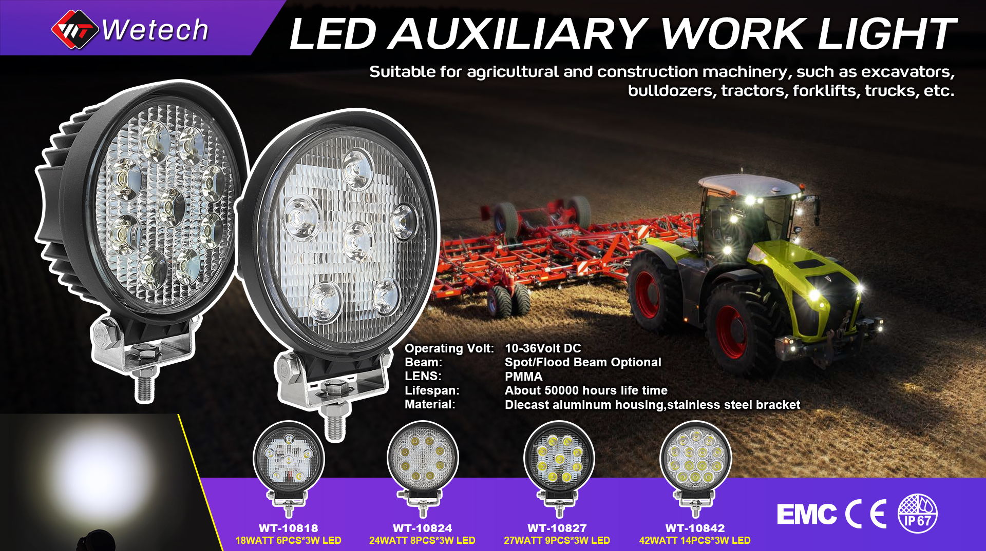 WETECH 18W 5" LED Work Lights Round Flood WorkLight