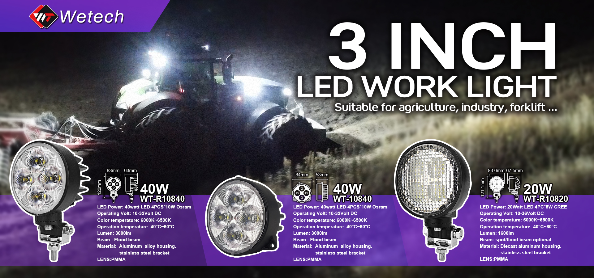 WETECH 40W 농업 LED 작업 조명 트랙터용 전면 후드 조명