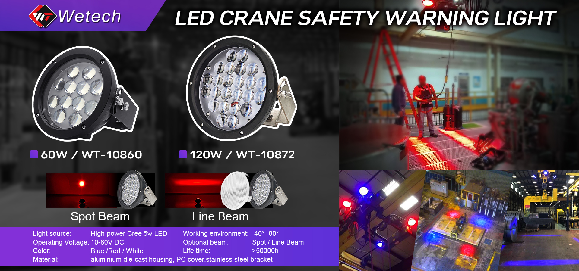 Feux d'avertissement et de sécurité pour pont roulant à LED haute puissance WETECH 60 W