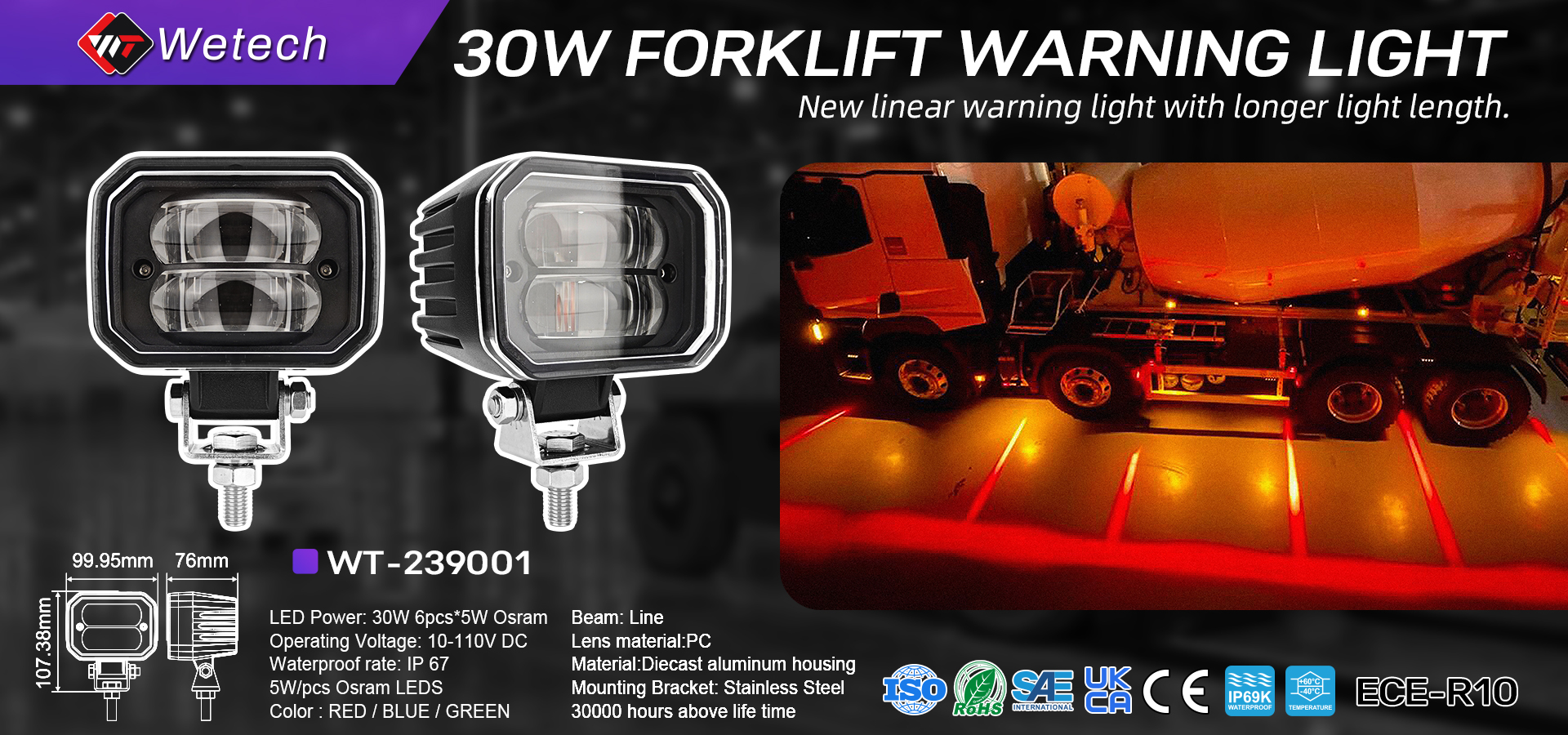 WETECH 30W Forklift Warning Light Line Beam Safety Lamp