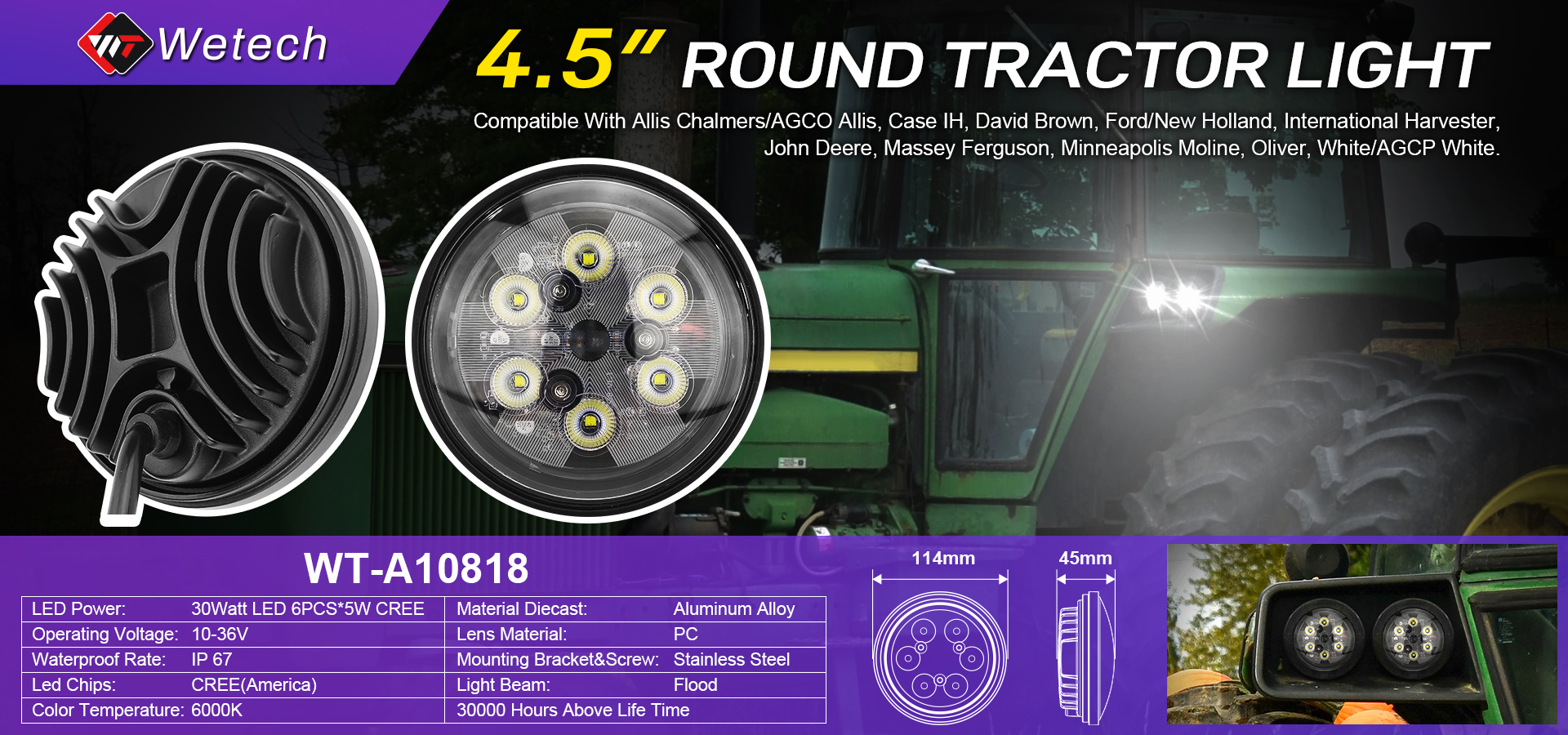 WETECH 30W Agriculture LED feux de travail lumière de capot avant pour tracteur