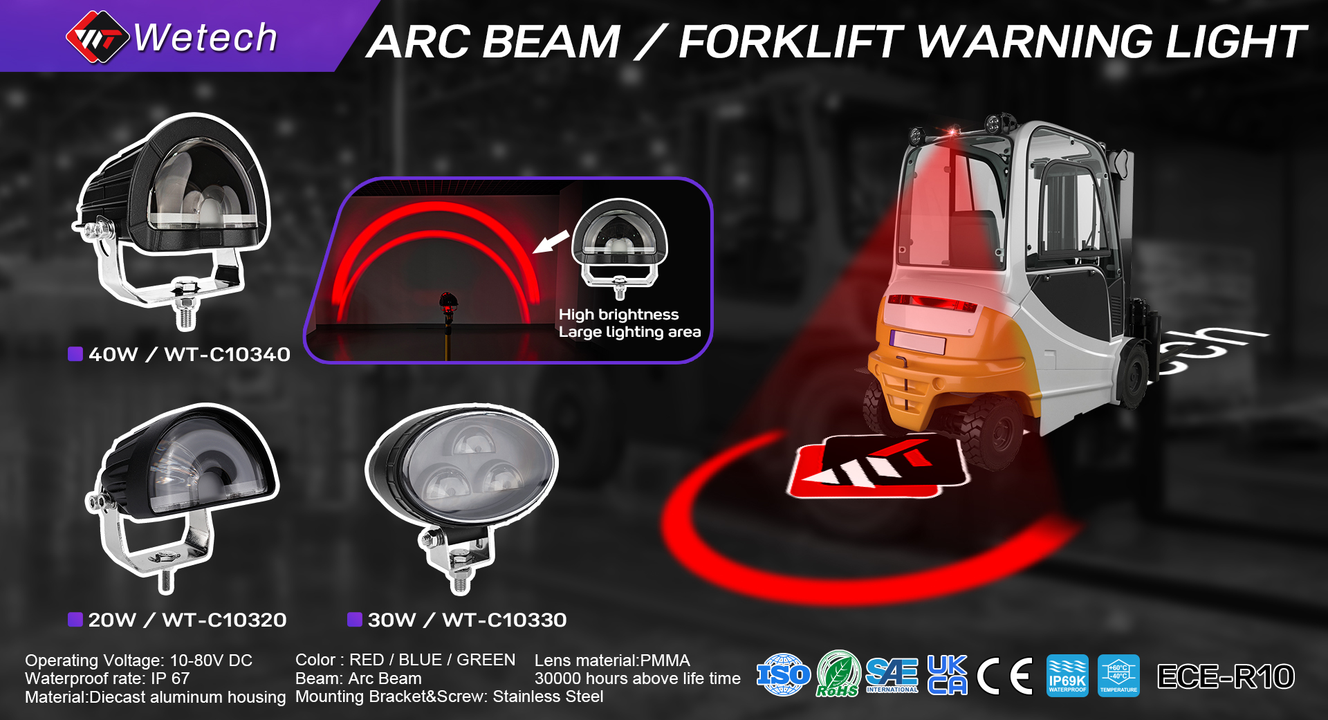 WETECH 40W Forklift Warning Light Arc Beam Safety Lamp