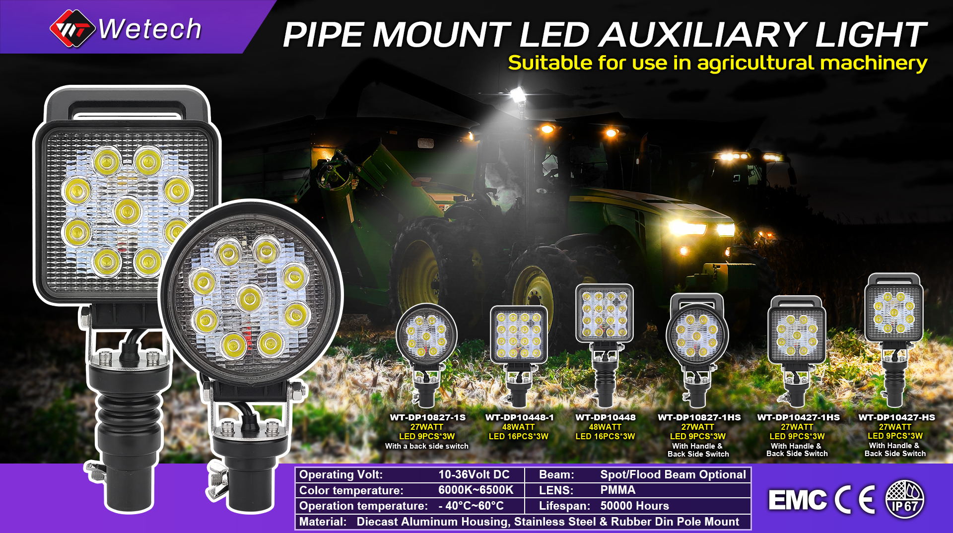 WETECH 48W Lampes de travail à LED pour tracteur agricole à montage sur tuyau