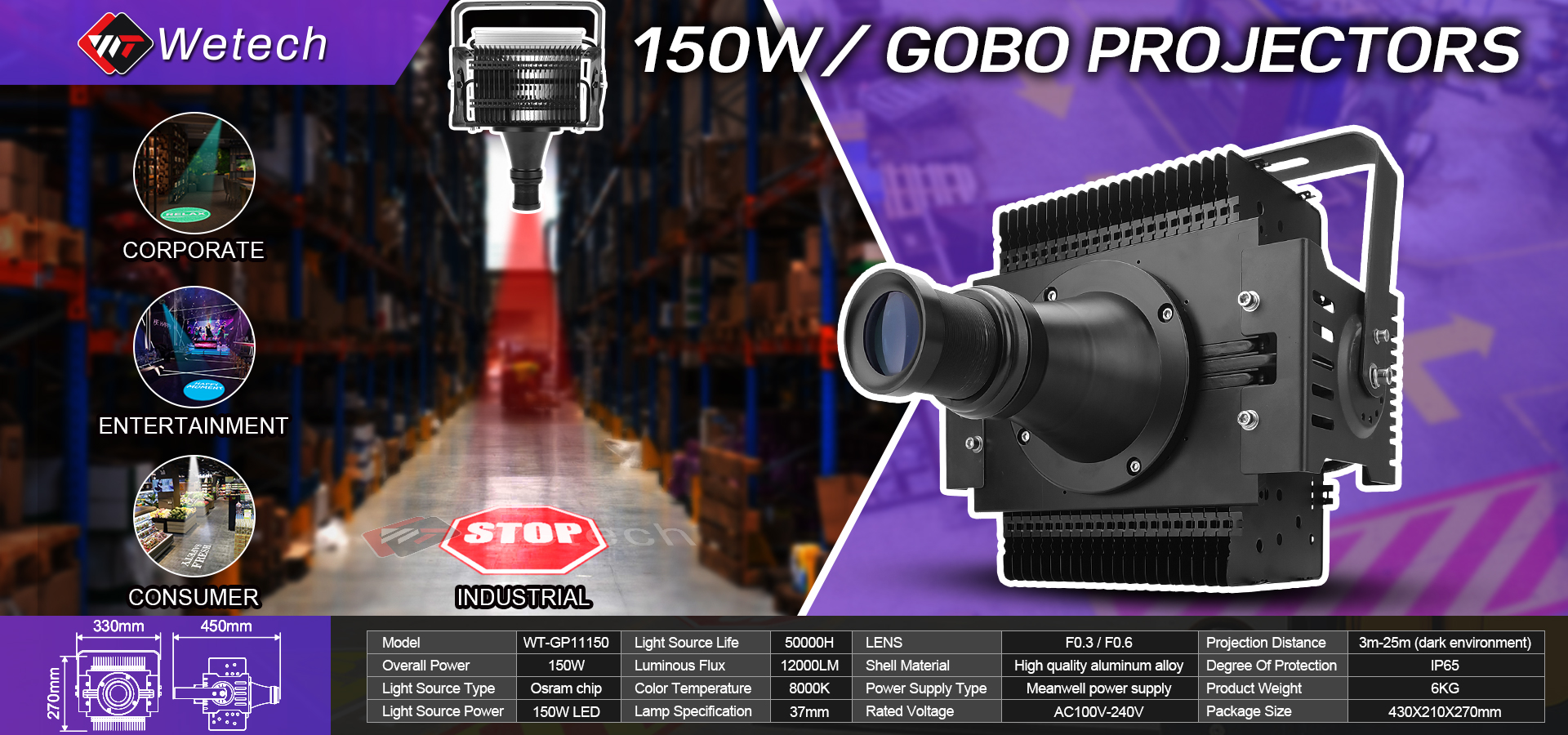 Projecteur Gobo WETECH 150W, lumières publicitaires avec logo personnalisé