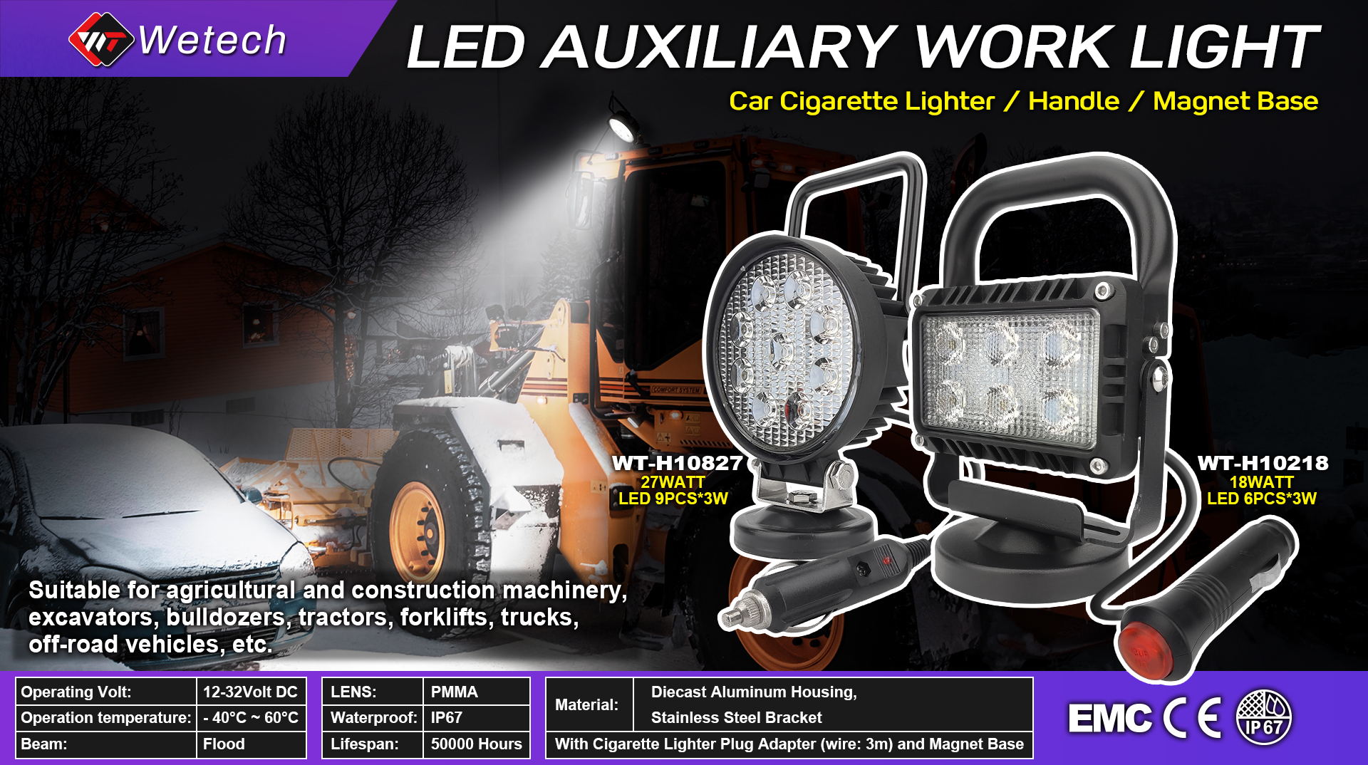 WETECH 27W 5" Round LED Work Lights With Handle