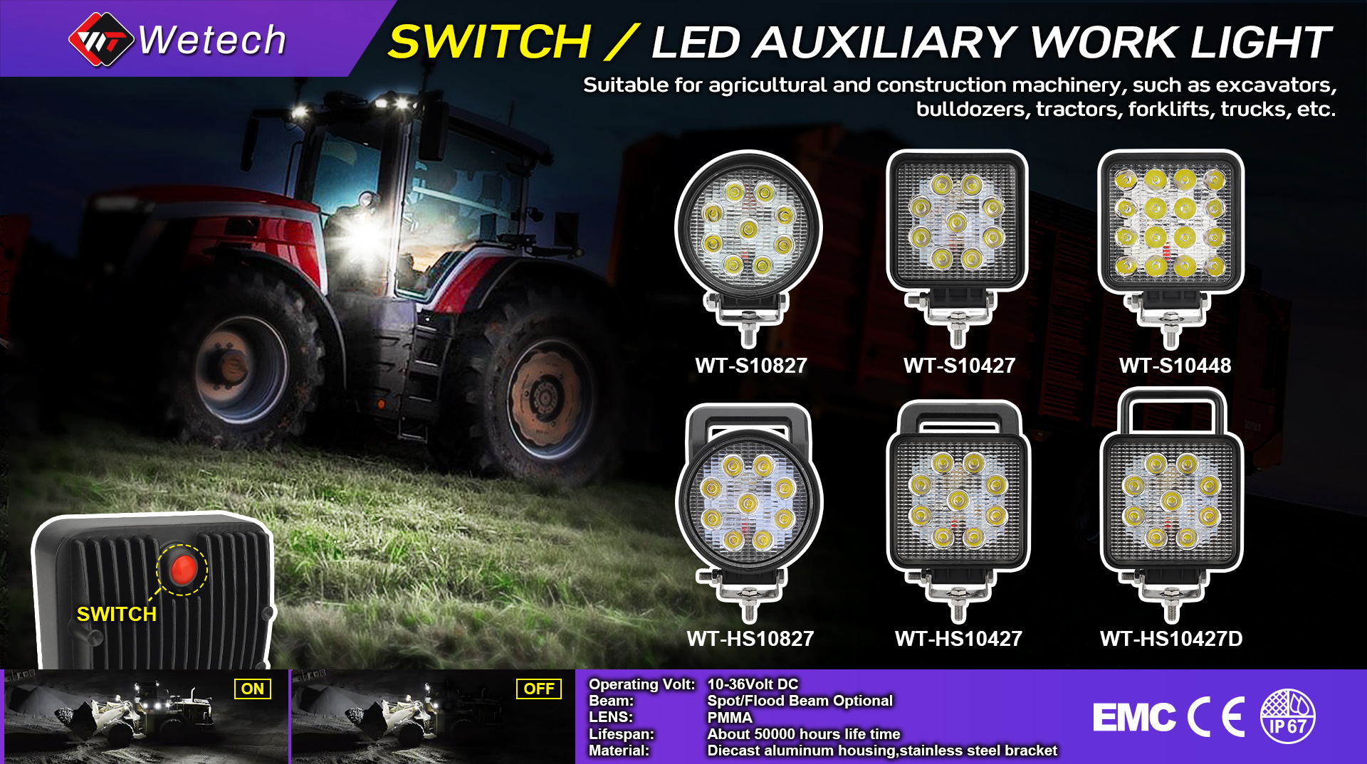 WETECH 27W 5" Square LED Work Lights With Switch and Handle