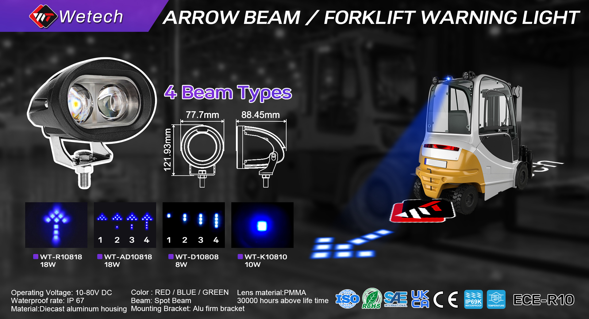 WETECH 10W Blue Spot Beam Forklift Safety Warning Lights