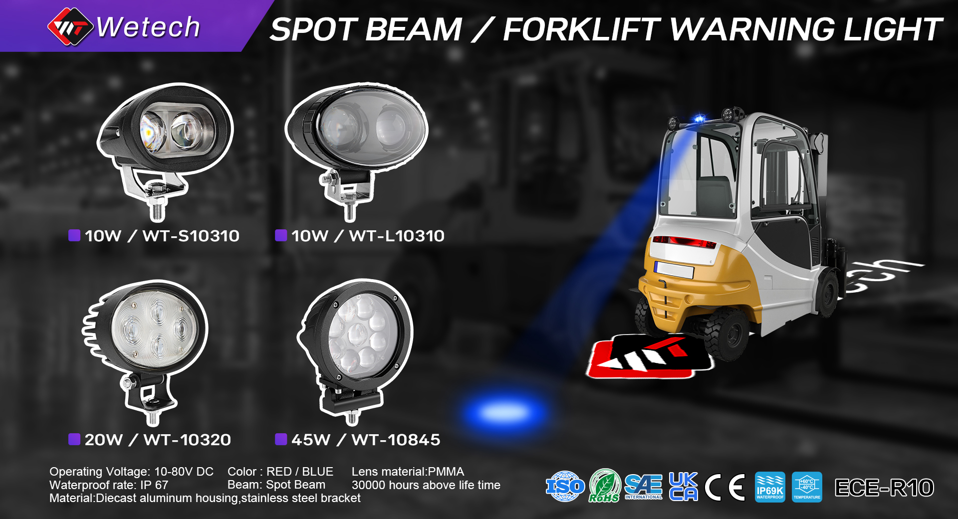 WETECH 10W Mini Spot Forklift Warning Lights LED safety Lamp