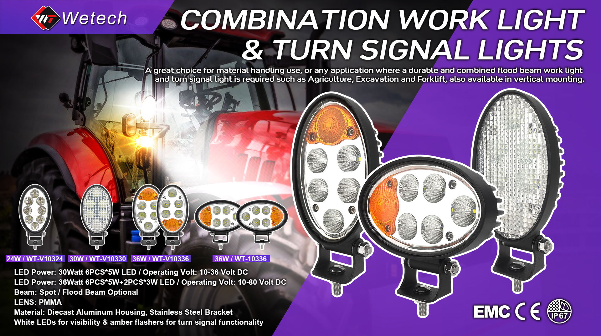 WETECH 36W Lampes de travail combinées verticales à LED 5,6" Lampes de tracteur ovales avec clignotant